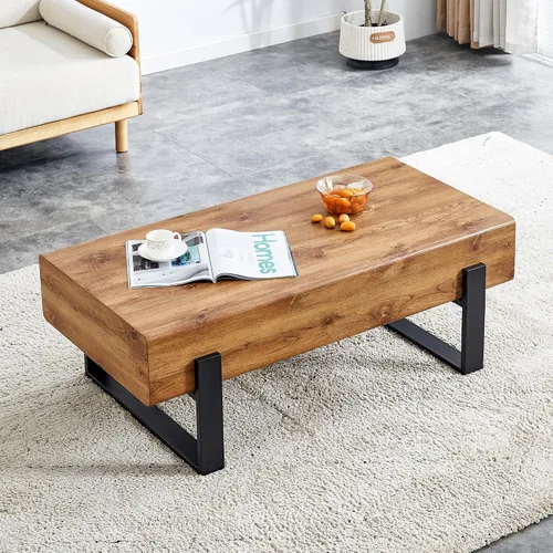 Vista 7 de Mesa de centro de madera, mesa central rectangular de 47.2 pulgadas con escritorio de MDF y patas de metal, moderna mesa de té de madera maciza