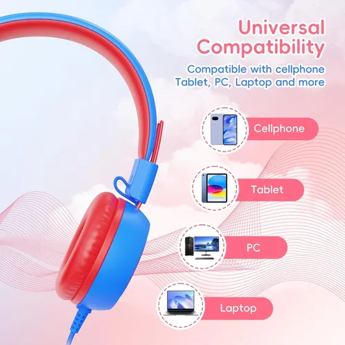 Vista 6 de KVIDIO Auriculares con cable para niños, volumen seguro de 85/94 dB, sobre la oreja con micrófono integrado, aislamiento de ruido, ajustable