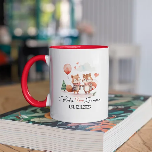 Vista 2 de Taza de café personalizada con diseño de zorro de 11 onzas, 15 onzas, divertida taza de viaje para pareja de zorros, taza de té con nombre y fecha