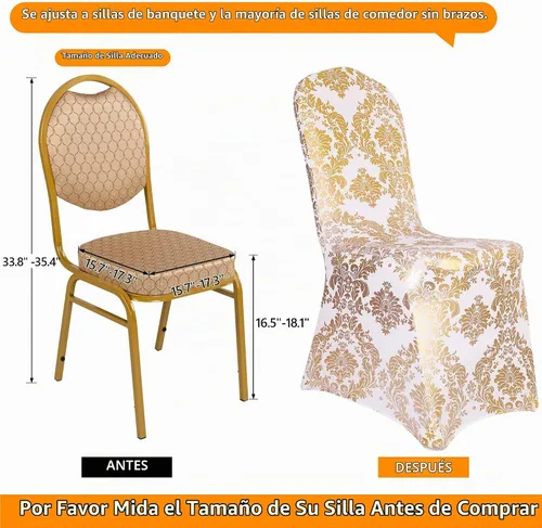Vista 2 de Juego de 1 fundas decorativas para sillas de comedor, con estampado de flores doradas, extraíbles, lavables, de elastano, para fiestas, bodas Oro