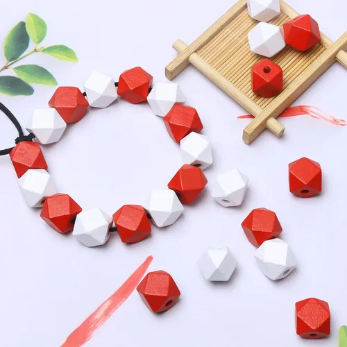 Vista 3 de 100 cuentas geométricas de madera de 0.630 in, cuentas espaciadoras de madera con forma de polígono rojo y blanco para proyectos de manualidades