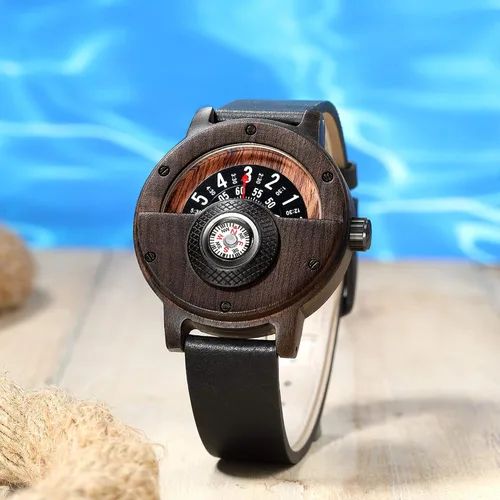 Vista 7 de GORBEN Reloj con brújula y tocadiscos de madera para hombre, elegante reloj de pulsera de madera para hombre, reloj de cuarzo ligero hecho a mano