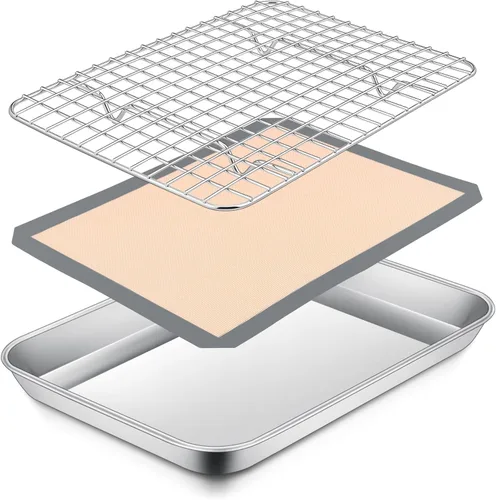 Vista 10 de P&P CHEF Bandeja para horno tostador de 9 x 7 x 1 pulgadas con rejilla y alfombrilla de silicona, bandeja para horno tostador de acero inoxidable