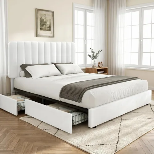 Vista 13 de VECELO Base de cama tapizada de tamaño matrimonial con 4 cajones y cabecero, plataforma de terciopelo, soporte de listones de madera, no necesita