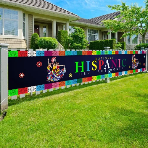 Vista 2 de Bandera de celebra del mes hispano latino para exteriores con ojales de latón, patrón de bandera de países hispanos/patrimonio, letrero grande