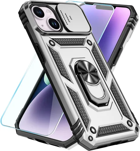 Vista 2 de SunStory Funda compatible con iPhone 14 Plus con protector de pantalla HD, cubierta de cámara deslizante y soporte de anillo giratorio