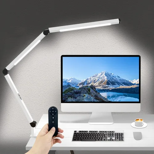 Vista 9 de Micomlan Lámpara de escritorio LED con abrazadera, lámpara de mesa de doble luz con brazo oscilante ajustable, cuidado de los ojos, 4 modos CCT y 5
