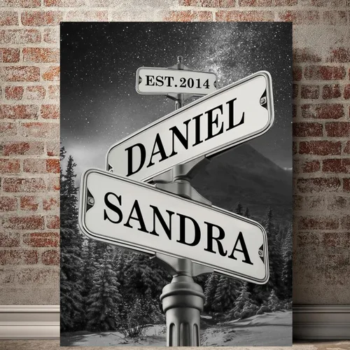 Vista 12 de Mapileng Lienzo personalizado de Crossroads Street Sign para parejas, nombres personalizados y fecha, arte de pared vintage, regalo del día de San