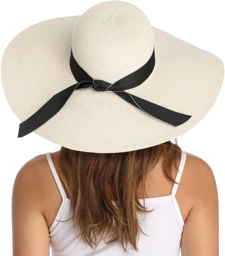 Vista 13 de Lanzom - Sombrero de paja con ala ancha para mujer, plegable, enrollable, de playa, con protección solar UPF 50+ Beige