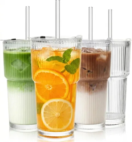 Vista 12 de Haundry Tazas de vidrio acanalado de 14 onzas con tapas y pajitas, paquete de 2 tazas de café helado, juego de cristalería gruesa, tazas de vidrio