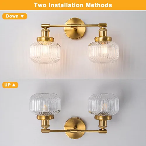 Vista 8 de foucasal Lámpara de tocador de 2 luces, aplique de pared industrial con pantalla de globo rayado transparente, luz de baño para dormitorio, sala