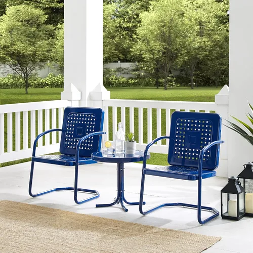 Vista 6 de Crosley Furniture Bates - Juego de 3 sillas y mesa auxiliar para exteriores de metal retro, juego de conversación para patio, color azul marino