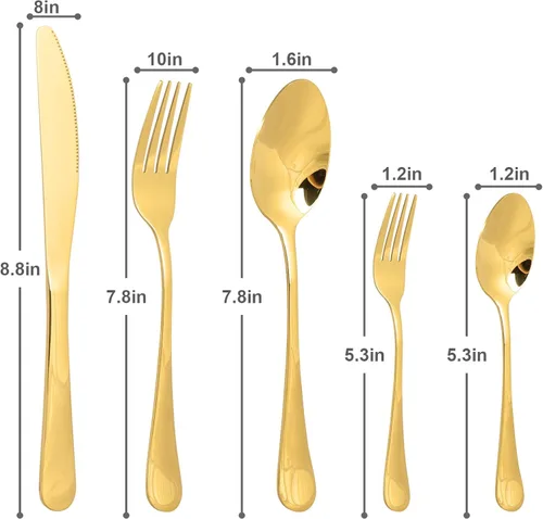 Vista 4 de Juego de cubiertos de acero inoxidable, juego de vajilla de 20 piezas, elegante cuchillo, tenedor, cuchara, cubiertos, servicio para 4 (dorado)