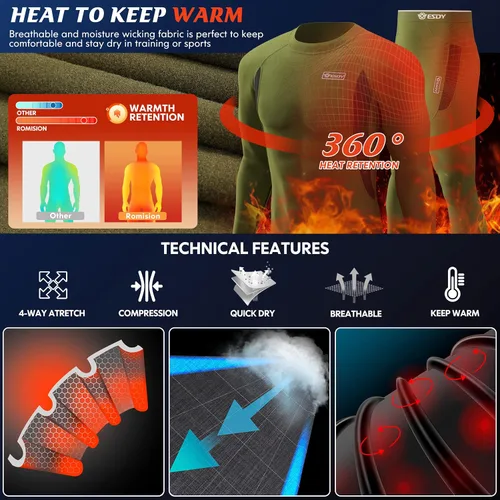 Vista 2 de romision Ropa interior térmica para hombre, conjunto de pantalones largos con forro polar, equipo de caza de invierno, capa base cálida, camiseta