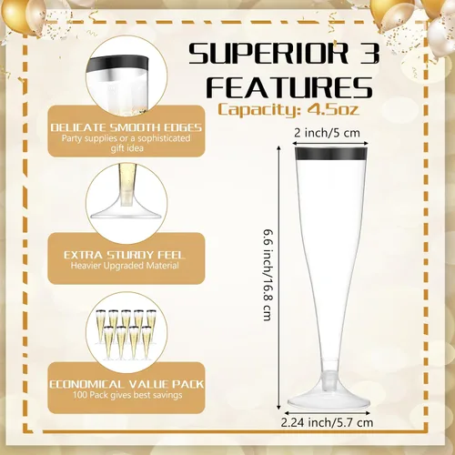Vista 2 de Zubebe 100 Piezas de flautas de champán de plástico 4.5 oz Copas de champán de plástico transparente clásico Copas de champán para bodas, fiestas