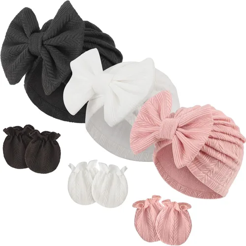 Vista 29 de BQUBO Gorros para Niñas Recién Nacidas Conjunto de Gorro y Manoplas para Bebé Gorros para Infantes con Moño Gorro de Hospital con Manoplas