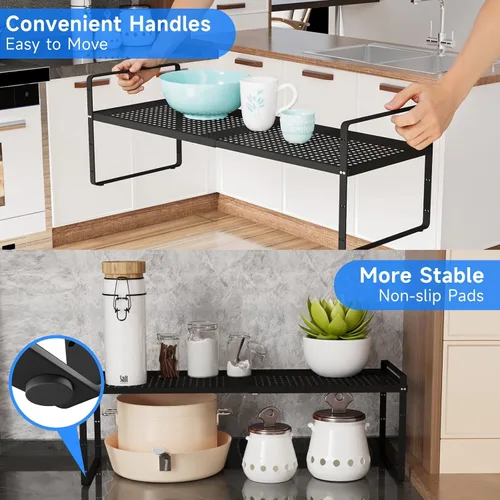 Vista 6 de Organizador de estantes expandibles para gabinete, organizador de estante pequeño de cocina para encimera, despensa, estante de especias