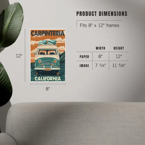 Vista 5 de Lantern Press Carpinteria, California, Letterpress, Camper Van, 8x12 Inch Art Print Wall Decor