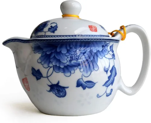 Vista 10 de Tetera pequeña de 12 onzas, tetera de porcelana azul y blanca con filtro de acero inoxidable para té suelto (flores de maceta embellecen)