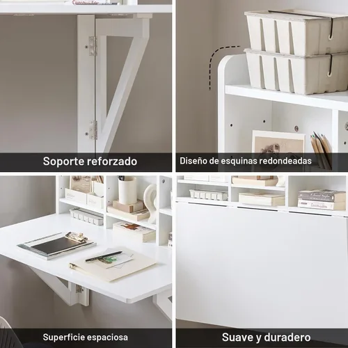 Vista 7 de Haotian Mesa plegable montada en la pared con caballete flotante con hojas caídas, estación de trabajo de escritura para computadora