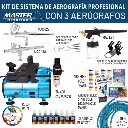 Vista 2 de Master Airbrush Cool Runner - Kit de sistema profesional de aerografía con compresor de aire de doble ventilador con 3 aerógrafos, alimentación por