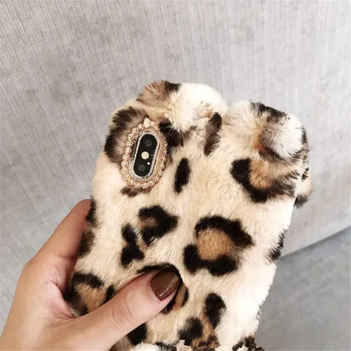 Vista 2 de Funda de piel de conejo de leopardo para iPhone 6 Plus, lujosa, bonita funda de felpa con orejas de conejo en 3D para el invierno (marrón)