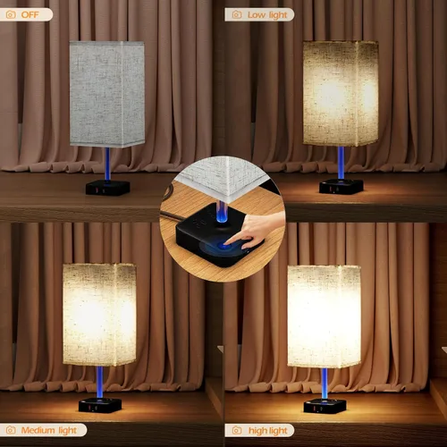 Vista 4 de COZOO - Lámpara de mesa y mesita de noche con control táctil de intensidad regulable de 3 vías, 3 puertos de carga USB y 2 tomas de corriente, base