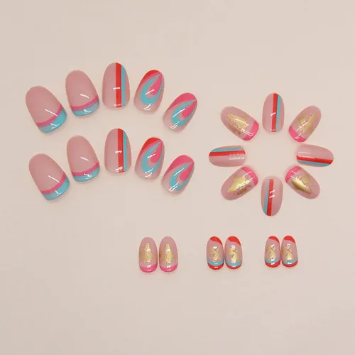 Vista 2 de Uñas postizas cortas a presión con diseño de almendra SWEKKE de verano, uñas postizas de color rosa de cobertura completa con diseños de remolinos