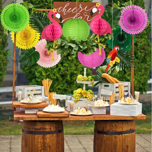 Vista 6 de Decoraciones de fiesta de flamenco tropical, kit de fiesta de hojas de palma de loro, incluye linternas de papel de nido de abeja de flamenco