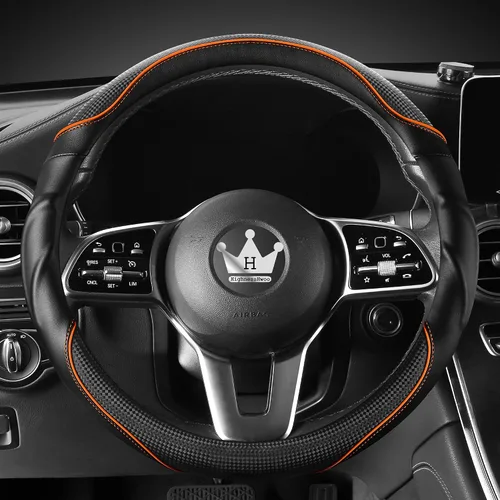 Vista 10 de HighnessHwoo Funda 3D para volante de automóvil, agarre cómodo, masaje deportivo, antideslizante, de fibra de carbono, piel sintética para sedán