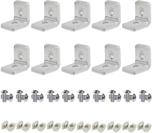 Vista 18 de 8 Conjuntos Perfiles de Extrusión de Aluminio Serie 10 Soportes de Esquina 1010 Conectores en L de Ángulo Recto de 90Grados con Tuercas y Pernos