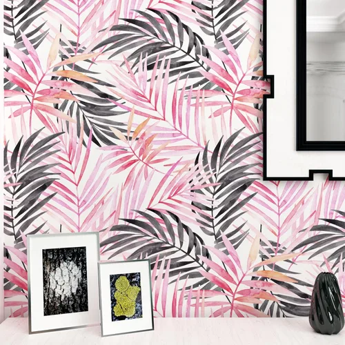 Vista 4 de Papel tapiz de hojas bohemias para despegar y pegar, papel de contacto extraíble de palmera rosa y negra para armarios, papel tapiz floral tropical