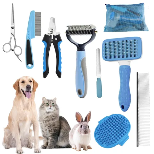 Vista 12 de Kit de Aseo para Baño con Cepillo de Pelo, Toalla y Guantes de Limpieza - Cepillo Slicker 6-en-1 para Perros y Gatos que Sueltan Pelo, Azul