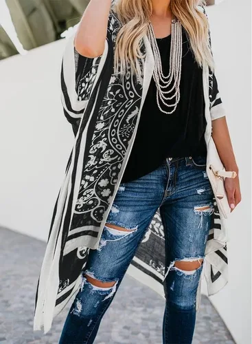 Vista 3 de Cárdigan tipo kimono Dokotoo, moda informal para mujer, salida de baño holgada y estampada, con borlas