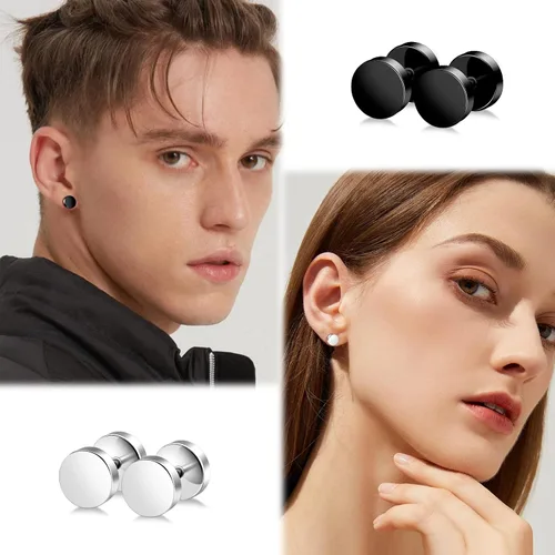 Vista 4 de ONESING 12 pares de aretes falsos de calibre para hombres, acero inoxidable, aretes de aro para hombres, aretes redondos, con calibres falsos