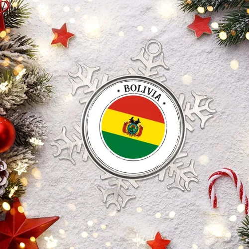 Vista 6 de Adorno de copo de nieve con bandera de Bolivia, adornos de árbol de Navidad, recuerdo de ciudad rural, adornos de Navidad personalizados 2022