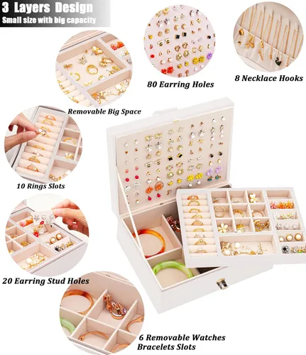 Vista 3 de QBestry Organizador de aretes para niñas, caja de joyería blanca para aretes, collares, organizador de joyas, tachuelas, caja de aretes para mujer