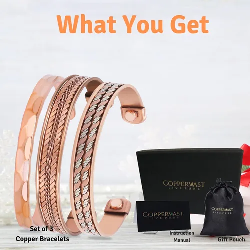 Vista 12 de Pulseras de cobre para hombres y mujeres Juego de 3 con caja de regalo Hecho a mano 100% cobre Regalo para mujeres y hombres