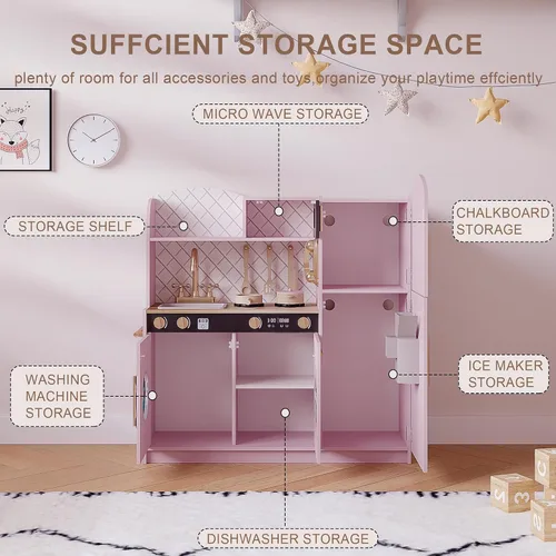 Vista 3 de Treocho Juego de cocina para niños, juego de cocina de madera para niños pequeños con almacenamiento, cocina de juguete de diseño moderno con grifo
