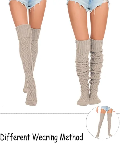 Vista 4 de HYTENSUN Calcetines altos de punto para mujer, calcetines altos gruesos por encima de la rodilla, calcetines de tubo de ganchillo, calentadores