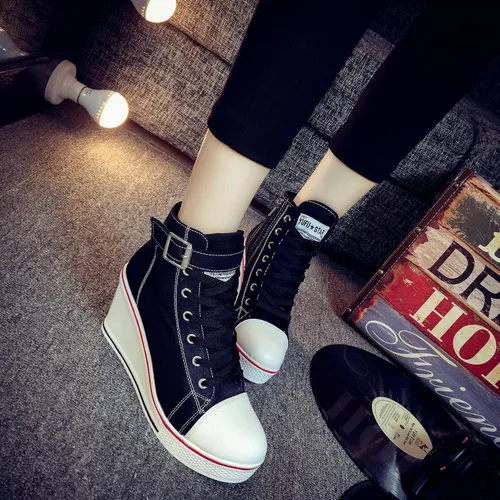 Vista 5 de Zapatos deportivos de tacón alto para mujer, zapatos de lona de moda de tubo alto, con cordones, borde de cuña, cremallera, ángulo, talla 4-11