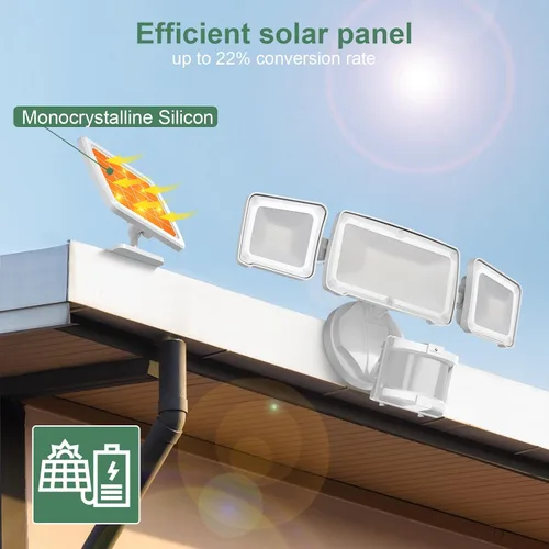 Vista 2 de GLORIOUS-LITE - Luz de seguridad solar para exteriores, luz LED solar de 1600LM con sensor de movimiento y 3 cabezales ajustables, 5500K