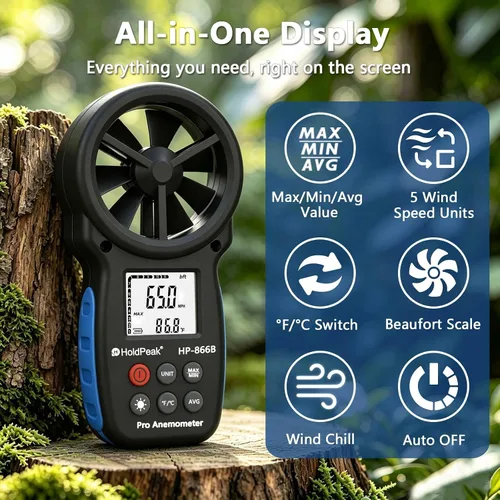 Vista 5 de HoldPeak 866B Anemómetro Digital Portátil Medidor de Velocidad del Viento para Medir Velocidad del Viento, Temperatura y Sensación Térmica