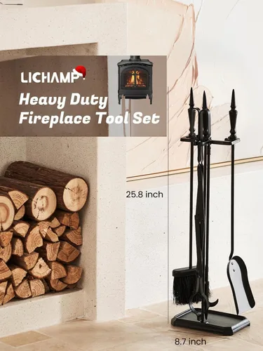 Vista 2 de Lichamp Juego de Herramientas Góticas para Chimenea, 5 Piezas para Interiores y Exteriores, Juego Resistente de Atizadores para Chimenea con Mango