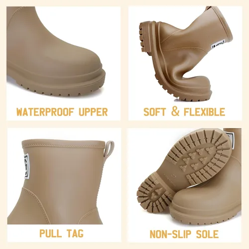Vista 3 de Botas de lluvia para mujer, botas de jardín impermeables, botas de lluvia cortas, cómodas, ligeras, al tobillo, zapatos de lluvia con plataforma