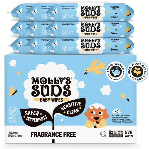Vista 7 de Molly's Suds Toallitas limpias para bebés sensibles 99% de agua, a base de plantas, sin fragancia 384 toallitas en total (6 paquetes abatibles)