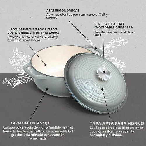 Vista 4 de Segretto Cookware Horno holandés de hierro fundido esmaltado con tapa, 4.57 cuartos de galón, Grigio Scuro (gris degradado) Horno holandés