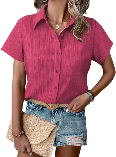 Vista 6 de HOTOUCH Camisa de vestir de manga corta con botones para mujer, cuello en V, con botones, para verano, con textura, para el trabajo
