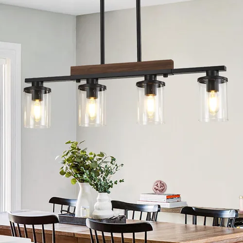 Vista 11 de Lámpara de isla de cocina de 23.6 pulgadas, lámpara de 3 luces para comedor sobre mesa, lámpara colgante de techo de madera rústica moderna negra
