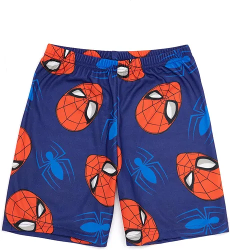 Vista 4 de Marvel Spider-Man - Paquete de 2 pijamas para niños, diseño de telaraña de superhéroe, máscara facial de personajes y pantalones cortos